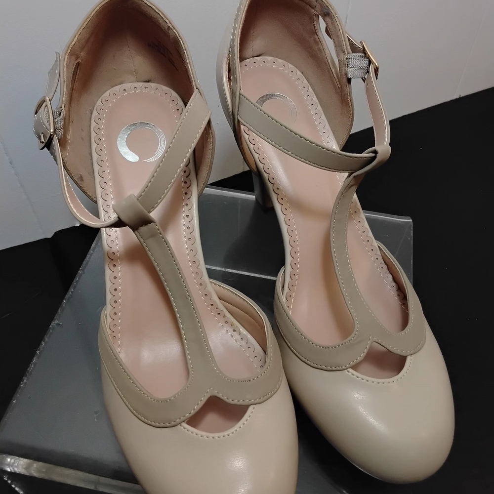 Journee Collection Cream T-Strap Heels